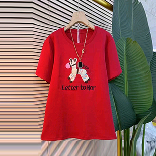 加肥女卡通图案短袖上衣宽松遮肚子胖妹妹韩版减龄2026新款T恤衫