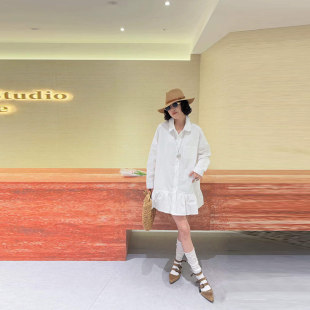 宽松遮肚子百搭简约淑女风上衣 胖妹妹韩版 加肥翻领拼底摆长袖 衬衫