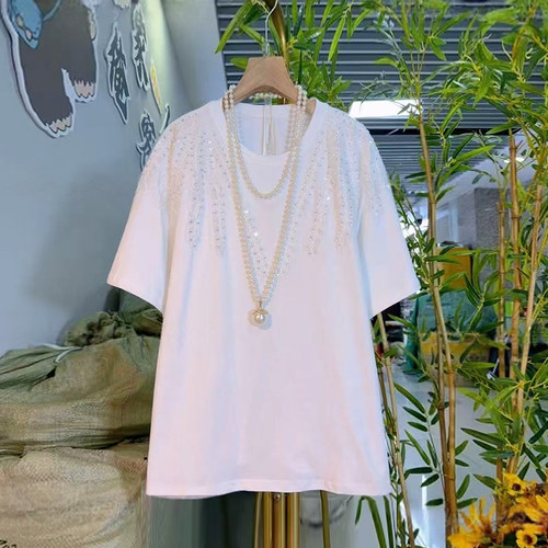 胖妹妹亮片花朵肩短袖上衣