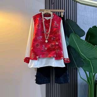 加肥盘扣花纹国风马甲拼色袖口打底衫复古两件套胖MM暗花裤脚裤子