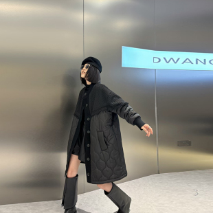 款 加大码 棉服外套胖妹妹冬季 拼接麻花纹肩中长款 显瘦百搭大衣 女装