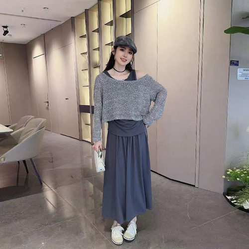 长袖圆领针织衫打底背心半身裙