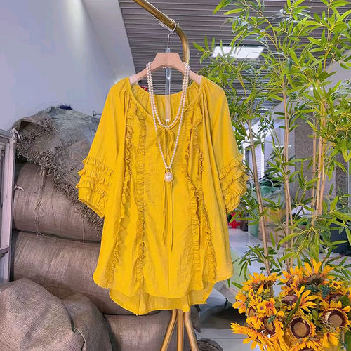 加肥系带领荷叶边短袖上衣