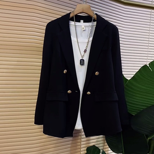 百搭上衣 黑色显瘦简约2024春秋新款 加肥V领西服外套220斤大码 女装