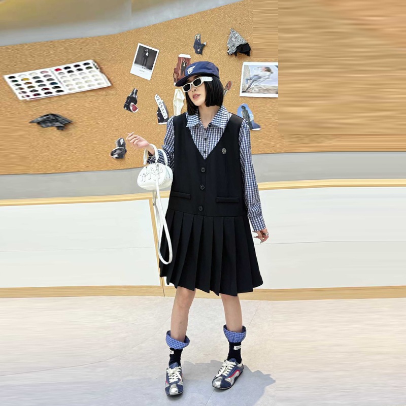 拼色格子翻领长袖假两件连衣裙