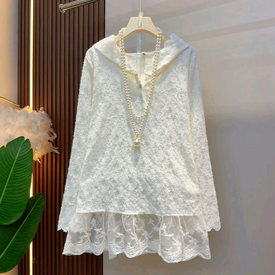 大码女装连帽长袖蕾丝上衣