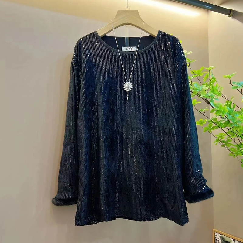 时尚大码圆领亮片长袖上衣