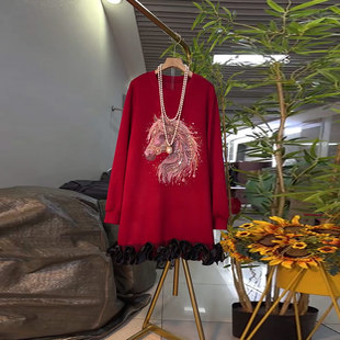 加肥女亮钻马图案拼色底摆连衣裙宽松遮肚子胖妹妹中长款显瘦裙子