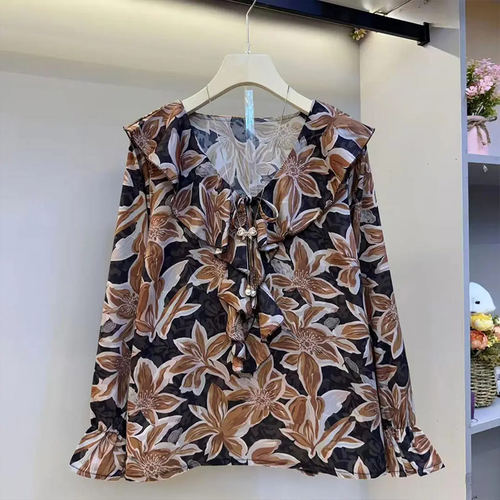 大码女装V领长袖花纹小衫