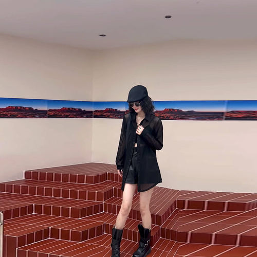 大码女装翻领长袖透肉衬衫