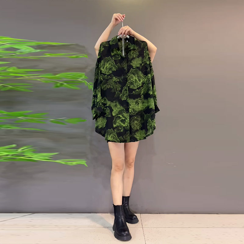 大码女装翻领长袖花朵衬衫