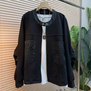 大码女装按扣领压褶长袖外套胖妹妹2026早春新款百搭黑色开衫上衣