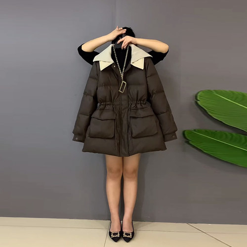 针织披肩领收腰系带棉服外套