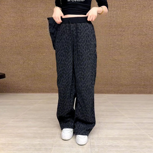大码女装松紧腰豹纹弯刀裤