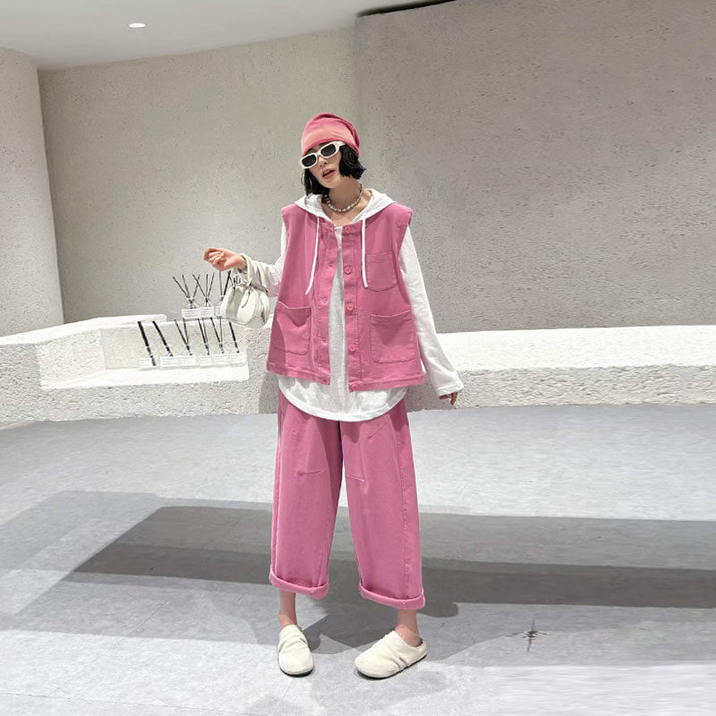 大码女装纽扣开衫马甲净版直筒裤子胖妹妹纯色简约连帽长袖打底衫