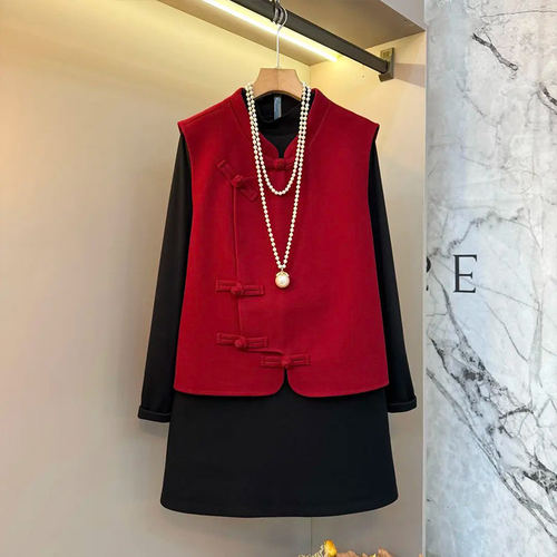 立领盘扣马甲长袖打底衫短裙套装