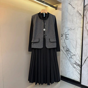 加肥女圆领开衫 连衣裙胖妹妹气质通勤两件套 马甲拼接百褶裙摆长袖
