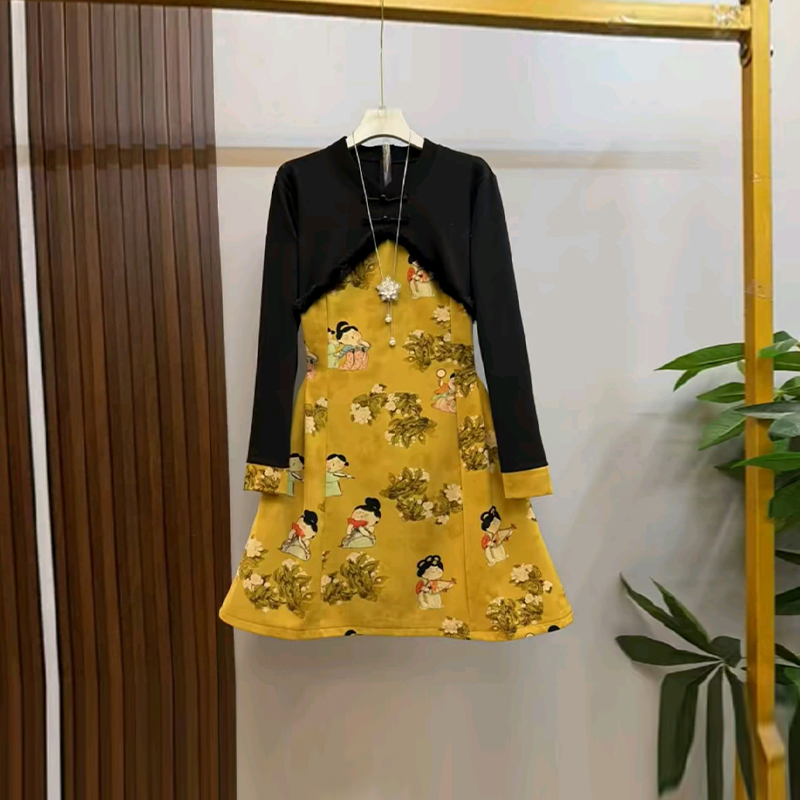 拼色长袖立领收腰假两件连衣裙