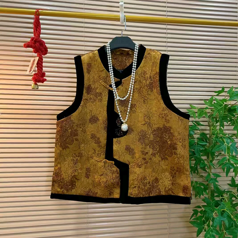 大码女装圆领拼色边花纹马甲