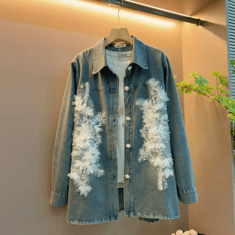 加大码女装翻领钉珠花长袖牛仔上衣欧洲站胖妹妹百搭开衫时尚外套