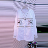 加肥女荷叶领亮钻图案长袖 百搭上衣 减龄设计感时尚 衬衫 胖妹妹韩版