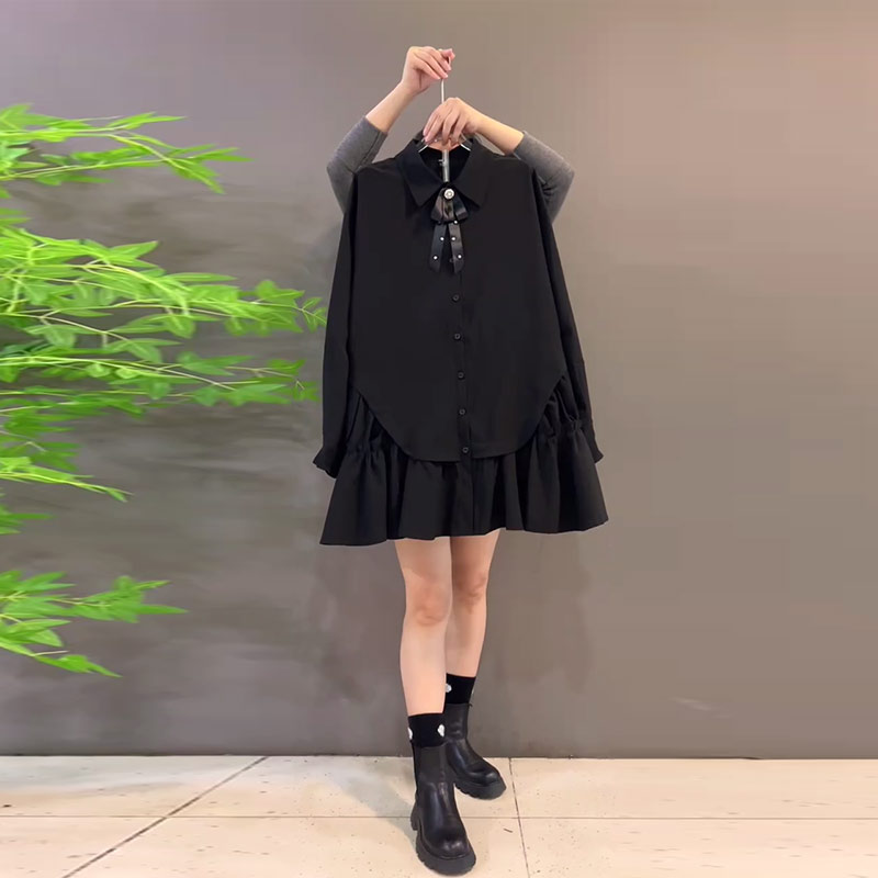 大码女装翻领拼底摆长袖上衣