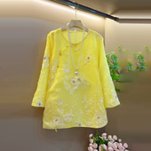 加肥女圆领长袖 百搭上衣 新中式 刺绣花朵小衫 胖妹妹气质2025春秋款