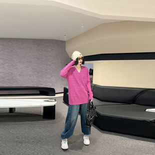 女装 大码 2025秋季 款 胖妹妹加肥V领长袖 简约百搭小衫 坑条上衣韩版