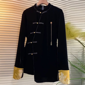 加肥大码 胖妹妹黑色显瘦气质复古风上衣 口小衫 女装 立领盘扣拼接袖