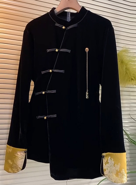 加肥大码女装立领盘扣拼接袖口小衫胖妹妹黑色显瘦气质复古风上衣