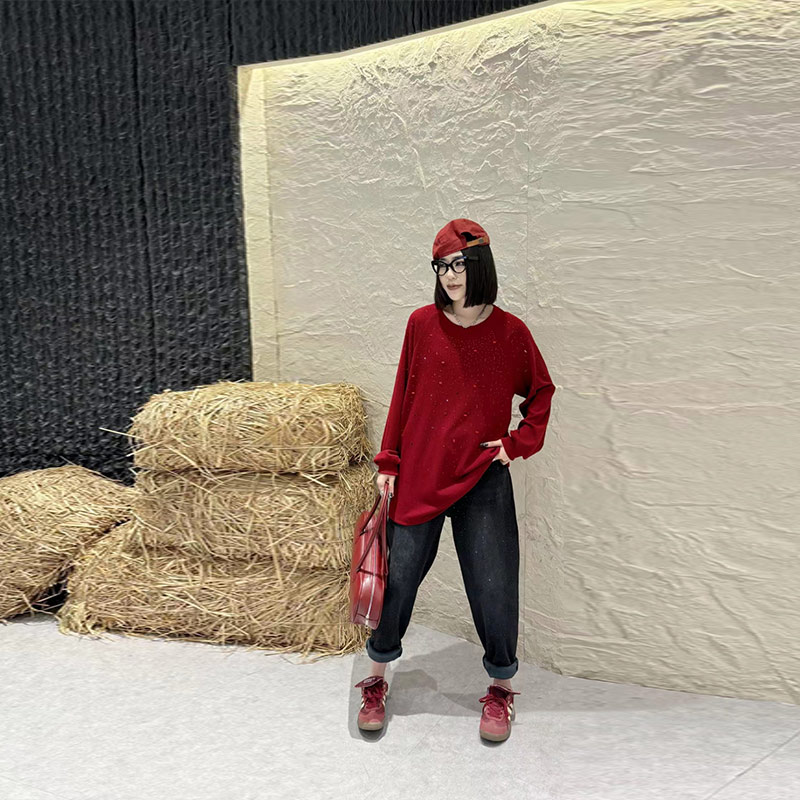 圆领亮钻长袖针织衫上衣