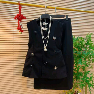 加肥大码女装亮片花朵收腰马甲半身裙胖妹妹黑色通勤风显瘦两件套