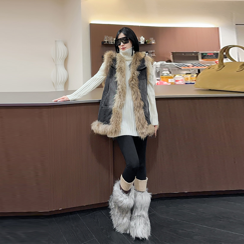 大码女装毛边夹棉牛仔马甲上衣