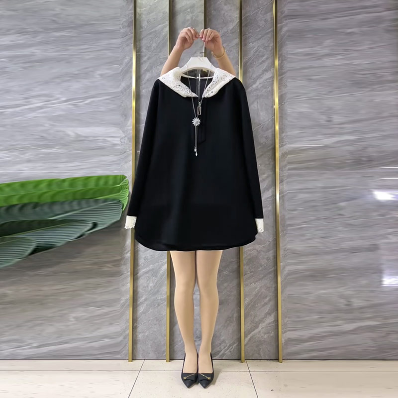 大码女装拼色蕾丝连帽长袖上衣