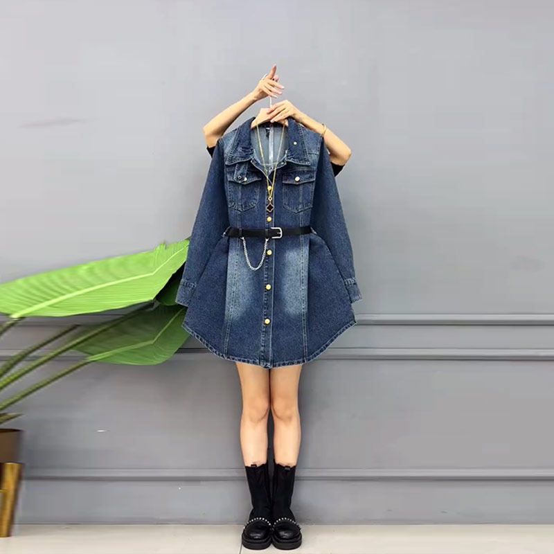 大码女装翻领腰带牛仔裙胖妹妹欧洲站中长款设计感显瘦秋冬连衣裙