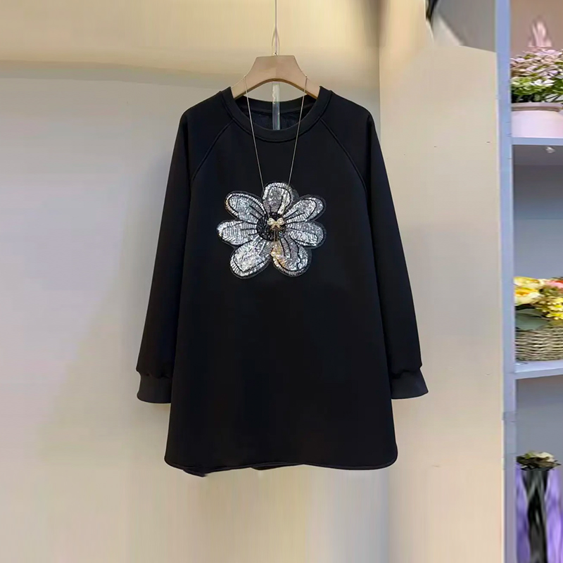 大码女装亮片花加绒卫衣