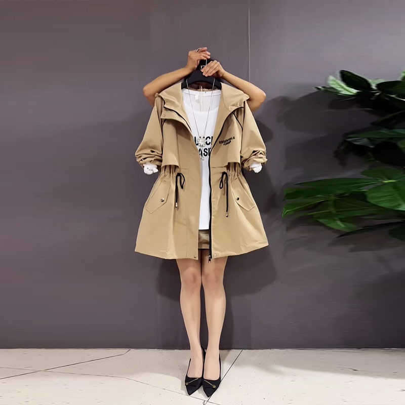 大码女装连帽字母腰抽绳拉链外套