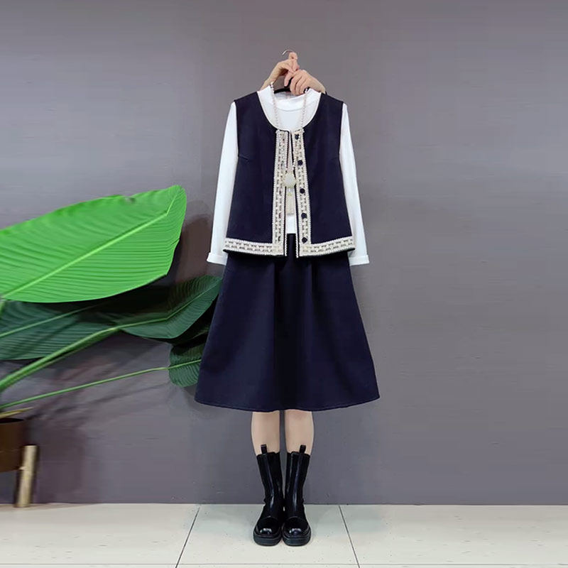 胖MM加肥拼色边马甲长袖打底衫半身裙大码女装韩版显瘦休闲三件套,女装/女士精品,大码套装,淘宝优惠券,粉丝福利购,淘宝优惠卷