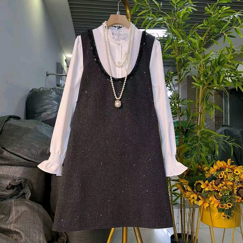 高领微喇袖口上衣（两件套马甲裙