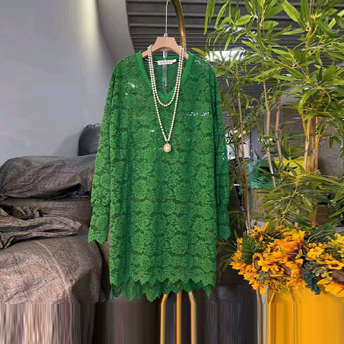 大码女装圆领长袖蕾丝上衣