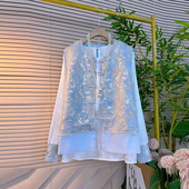 口长袖 套装 打底小衫 女装 两件套盘扣花朵国风马甲大码 胖妹妹拼色袖