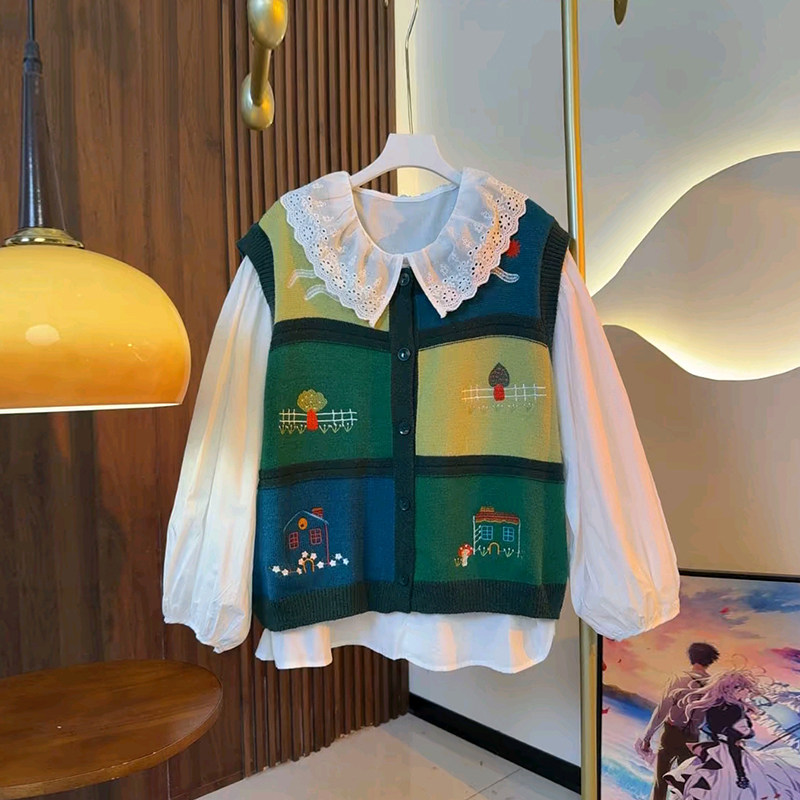 娃娃领长袖衬衫拼色块套头马甲