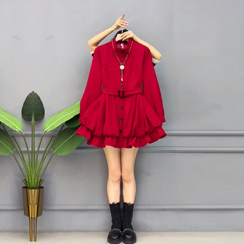 大码女装立领长袖腰带上衣