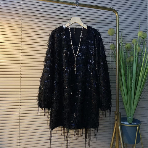 长袖流苏亮片重工小衫上衣