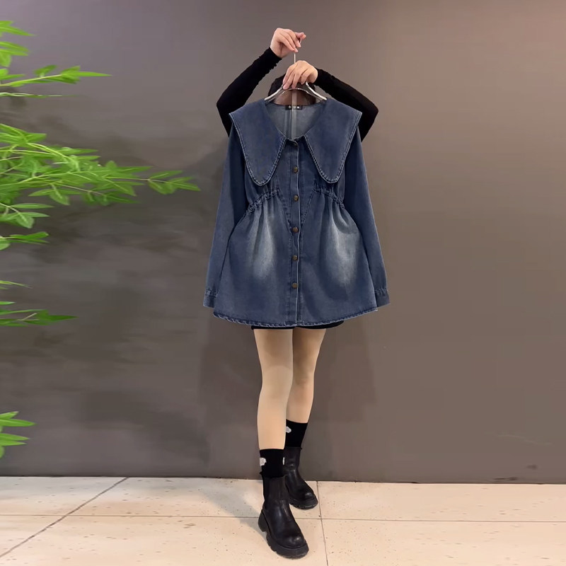 胖妹妹娃娃领长袖收腰牛仔裙大码女装中长款欧洲站减龄显瘦连衣裙