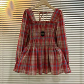 大码 小众设计胖妹妹上衣 法式 女装 方领胸前松紧后系带红色格子小衫