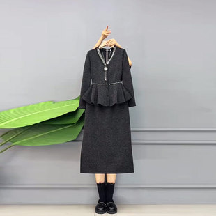 上衣半身裙轻熟风胖妹妹通勤显瘦两件套 V领钉珠边长袖 加大码 女装