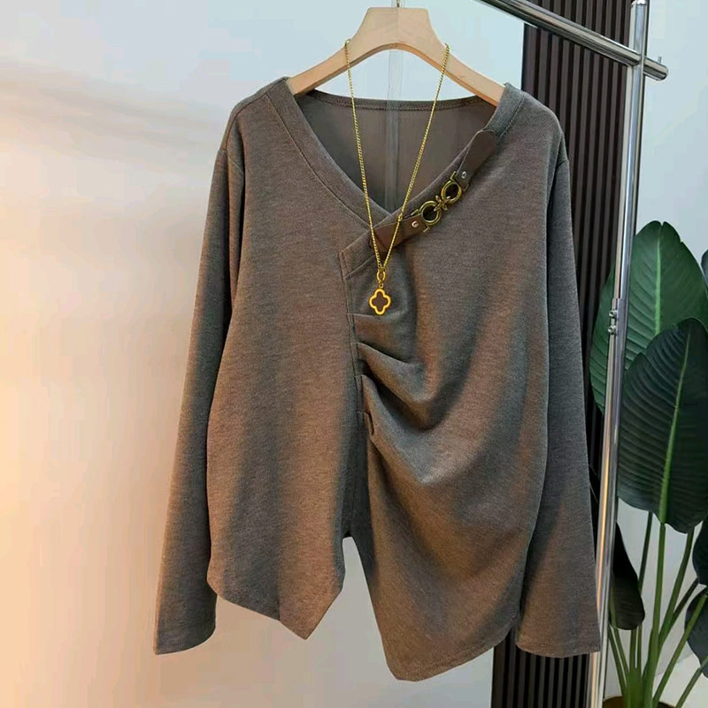 大码女装V领前压褶长袖上衣