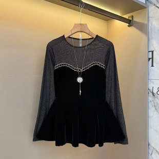 胖妹妹拼色长袖轻熟风上衣大码女装设计感洋气秋季款百搭显瘦小衫