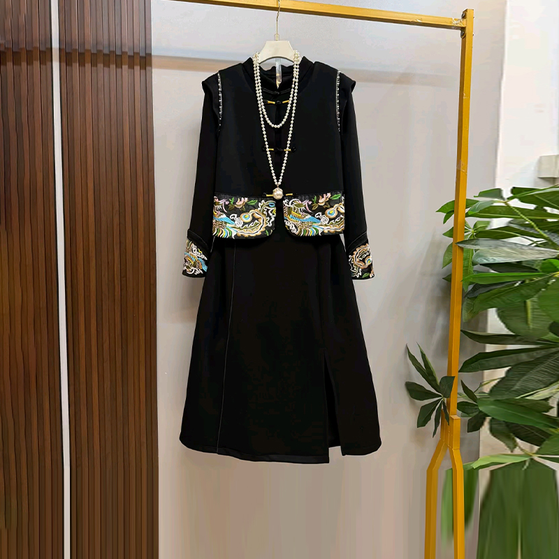 拼色底摆长袖马甲长袖连衣裙套装